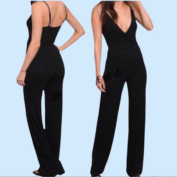 Pants - Black Deep V-neck Thin Adjustable Strap  Overlap Jumpsuit